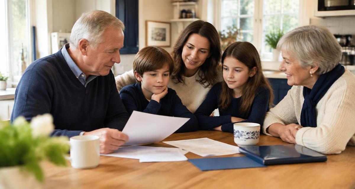 A family reviewing documents together at a kitchen table